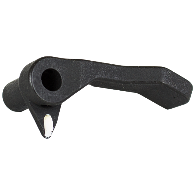 A close-up of the FIRE MODE SELECTOR LEVER LEFT EXTENDED 805 showcases its black metal finish, with a cylindrical hole on one end and a flat, angled extension on the other. The object is isolated against a pristine white background.