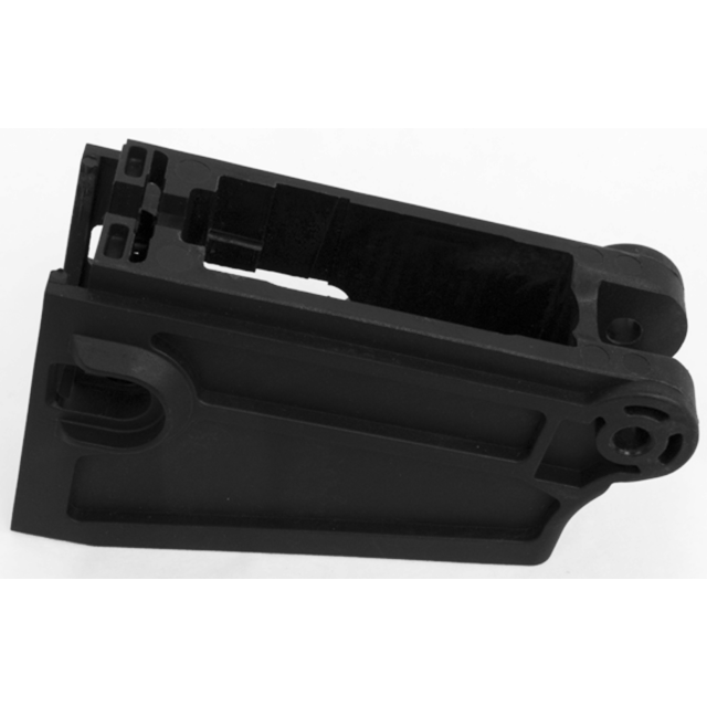 The MAGAZINE HOUSING 805 is a black plastic component with a rectangular shape, featuring multiple slots and openings. It likely serves as part of a larger mechanical or electronic device, boasting a matte finish and appearing to be molded for specific fu