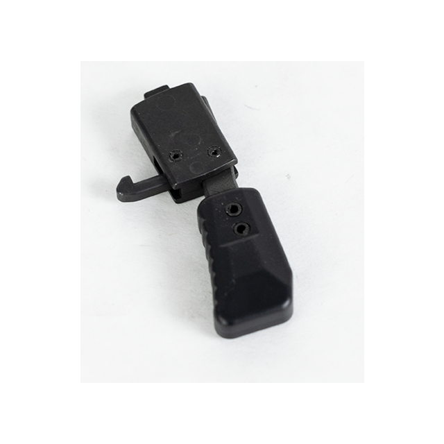 A COCKING HANDLE ASSEMBLY BREN 2, featuring a black plastic latch mechanism with a textured grip and two screw holes, is showcased on a white background.