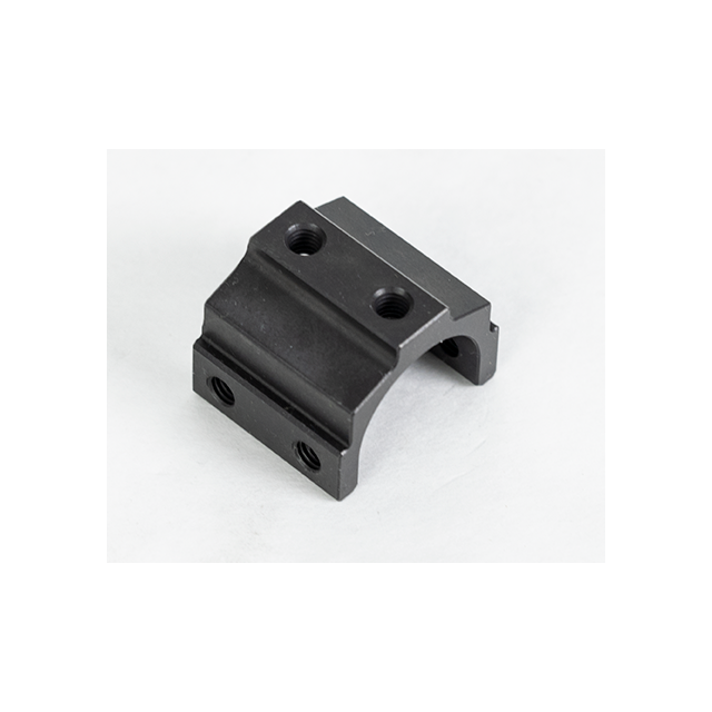 Introducing the CONNECTING BARREL SLEEVE BREN 2 Ms, a sleek black metal mounting bracket featuring four threaded holes for secure component attachment. Its elegantly curved profile and smooth surface are highlighted against a plain white background.