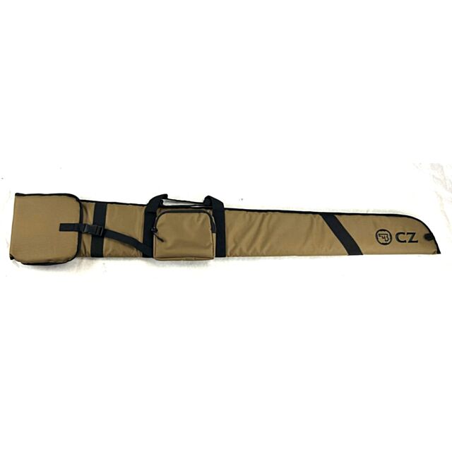 The CZ Padded Shotgun Gun Case is a long, tan and black padded case with handles, a large zippered pocket, and the CZ logo near the end. It is pictured laid flat on a white background.