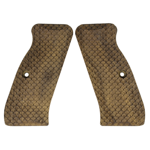The WALNUT GRIPS CZ 75 FISH SCALE PATTERN consists of two brown grips, each with a fish scale pattern and a centrally located hole, designed for the CZ 75. They are arranged symmetrically facing one another.