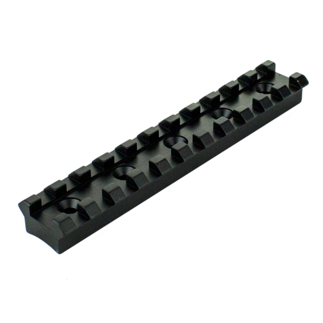 A CZ 612 ADAPTER RAIL, designed in black with multiple slots, is ideal for attaching accessories to firearms such as the CZ 612. It features a subtle angle that highlights its textured surface and rectangular form against a white background.