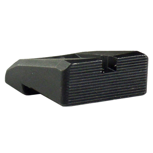 Close-up view of the REAR TARGET SIGHT SHADOW, a black rectangular component featuring a ridged surface and a small central groove, subtly casting a shadow. It appears to be designed for use in machinery or assembly.