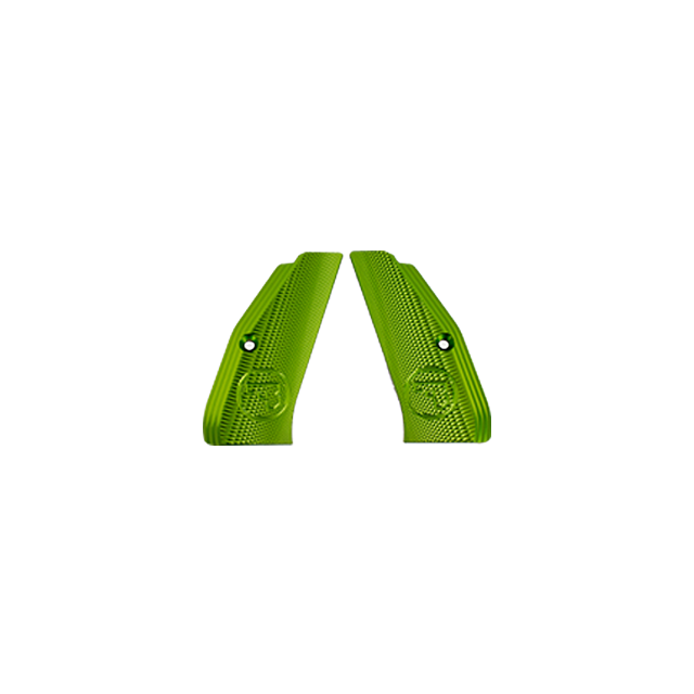 The ALUMINUM GRIPS FULL SIZE LONG GREEN CZUB are symmetrically positioned, neon green textured aluminum grips. Each has a small circular logo and features a non-slip surface with screw holes near the top for easy installation.