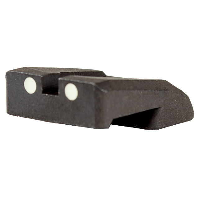 A close-up of the REAR SIGHT OMEGA 75 P-01 in black, featuring two white dots on a transparent background.