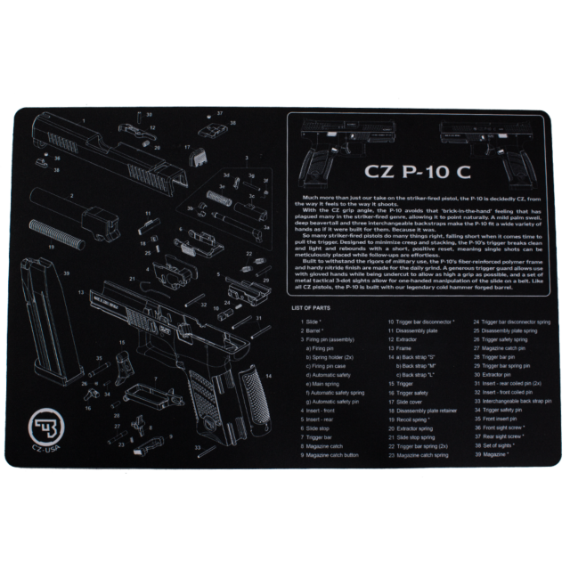 A depiction of the CZ P-10 C handgun is presented on the CZ-USA Pistol Cleaning Mat for the P-10C, complete with a comprehensive parts list and diagram. Each component is labeled and numbered to highlight internal mechanics and assembly instructions, with