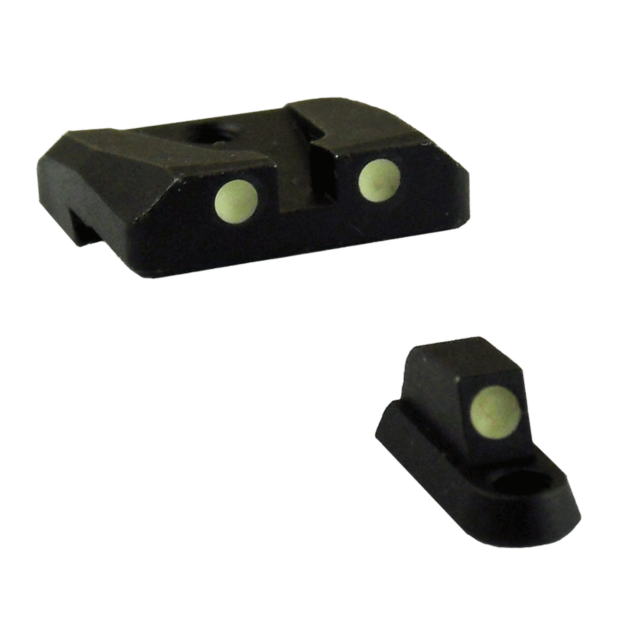 The CZUB FACTORY SIGHTS #4 P-07/P-09 set features two black sights on a transparent background. The larger sight, akin to the P-09 model, is designed with two circular dots, while the smaller one, similar to the P-07 model, has one dot. Both sights includ