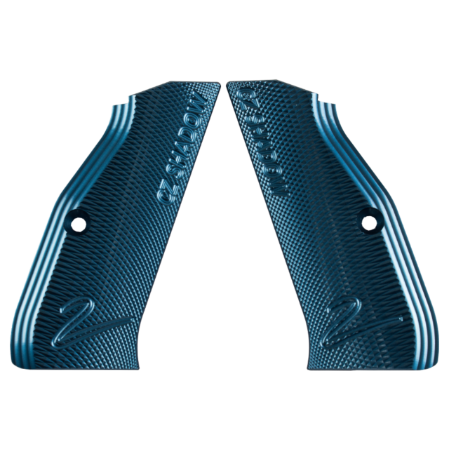 The ALUMINUM GRIPS LONG SHADOW 2 BLUE are presented with two mirror-image grips featuring diagonal grooves for enhanced grip. Designed specifically for a Shadow 2 pistol, the textured blue aluminum grips display text along their edges and highlight a slee