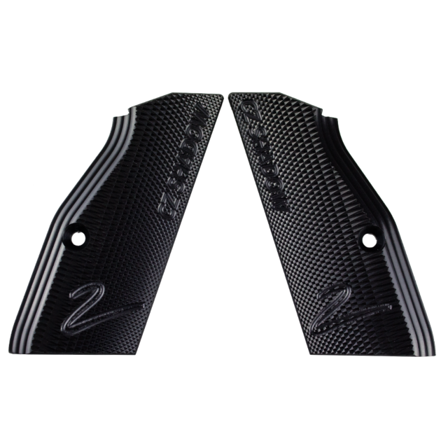 A pair of ALUMINUM GRIPS SHORT SHADOW 2 BLACK, designed with a sleek grid pattern and inspired by the Shadow 2, featuring "Techna" and "Rock Island" engravings along with a subtle number "2" near the bottom.