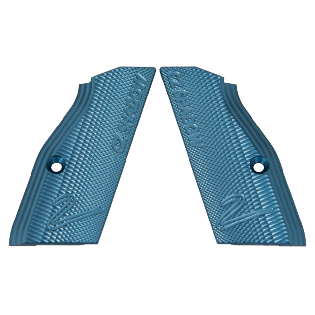 The ALUMINUM GRIPS SHORT SHADOW 2 BLUE are designed specifically for firearms, offering a diamond-patterned surface for improved grip and a pre-drilled hole for simple attachment. These blue aluminum grips align symmetrically, providing both visual appeal