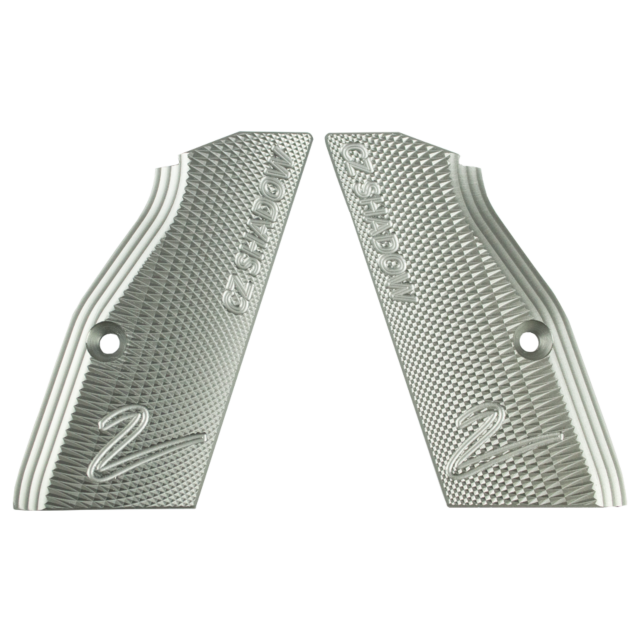 Silver aluminum grips, adorned with a refined "CZ SHADOW" engraving at the top and a discreet "2" at the bottom, are specifically crafted for the Shadow 2 pistol handle. Each grip includes two precisely placed screw holes for secure attachment.