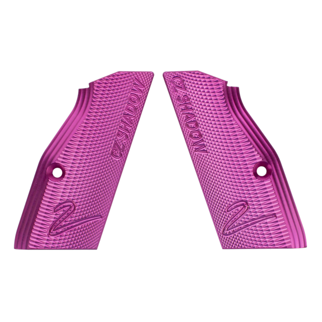 Displayed are two pink aluminum grips designed for the Short Shadow 2, showcasing a textured surface and engraved "SHADOW" text. With a checkered pattern, mounting holes, and a stylized "Z" logo near the bottom, these grips offer the perfect enhancement.