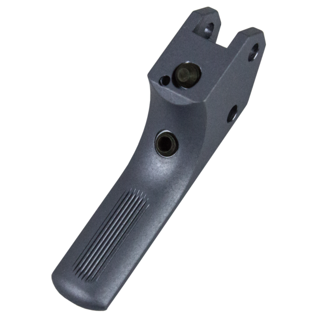 The STRAIT SA TRIGGER CZUB GREY, a metallic hand tool featuring a ridged handle and multiple circular openings for mechanical or assembly tasks, is showcased against a sleek grey background.