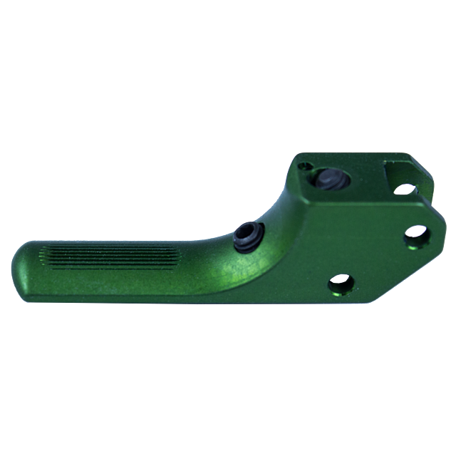 The STRAIT SA TRIGGER CZUB GREEN is a stylish green metal bracket with a curved design, enhanced by a ribbed texture along its length and drilled holes for easy mounting or attachment, adding both elegance and practicality to your setup.