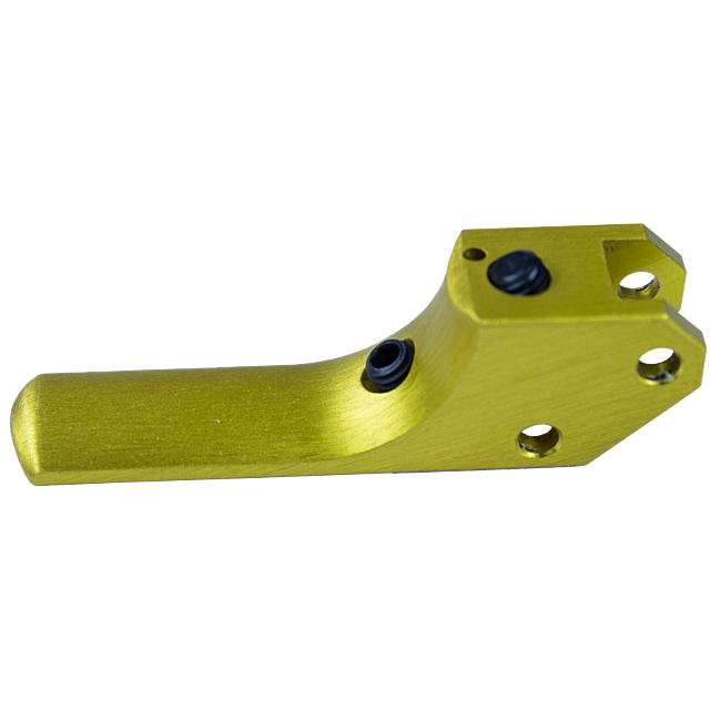 A curved, yellow metal component featuring two black screws and two mounting holes, crafted with a brushed finish for a sleek and polished look, similar to the STRAIT SA TRIGGER CZUB GOLD standard.