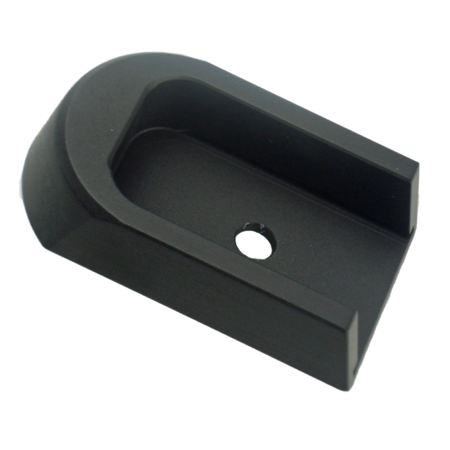 The BLACK ALUMINUM 40P/SP-01 BASE PAD is a U-shaped bracket made from black aluminum, featuring a flat base pad and a central hole, likely for mounting or attachment. Its surface is smooth and slightly reflective.