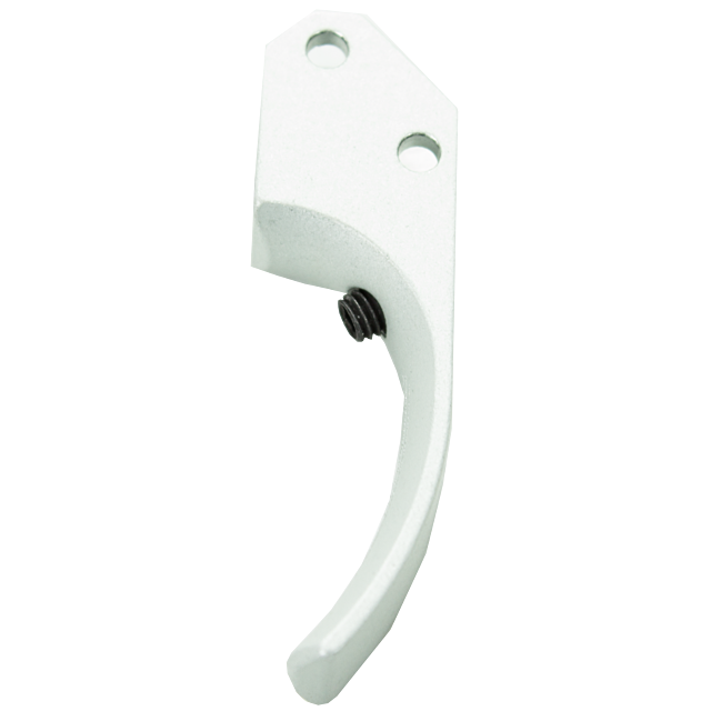 Close-up of the TARGET CURVED SA TRIGGER CZUB SILVER, showcasing a white metal hook with silver tones. The design includes two screw holes on top and a black CZUB mounting screw in the middle, all enhanced by a smooth finish and elegantly curved design.