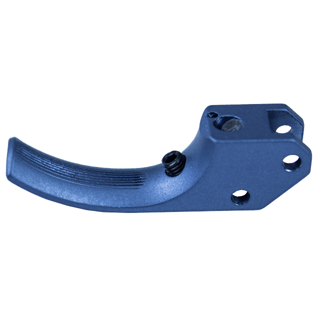 A CZUB GREY metal component featuring a TARGET CURVED SA TRIGGER handle, with three holes on its flat base, and a small black screw visible on the side. The surface has ridges for grip, enhancing precision in every use.