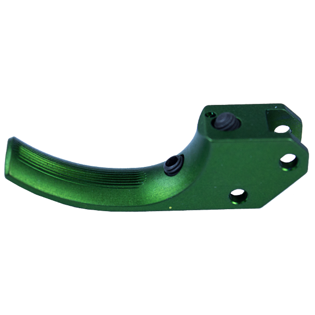The TARGET CURVED SA TRIGGER CZUB GREEN is a mechanical component characterized by its curved trigger and ridged grip. It features several screw holes and black buttons, suggesting it may be part of a larger machinery or device.