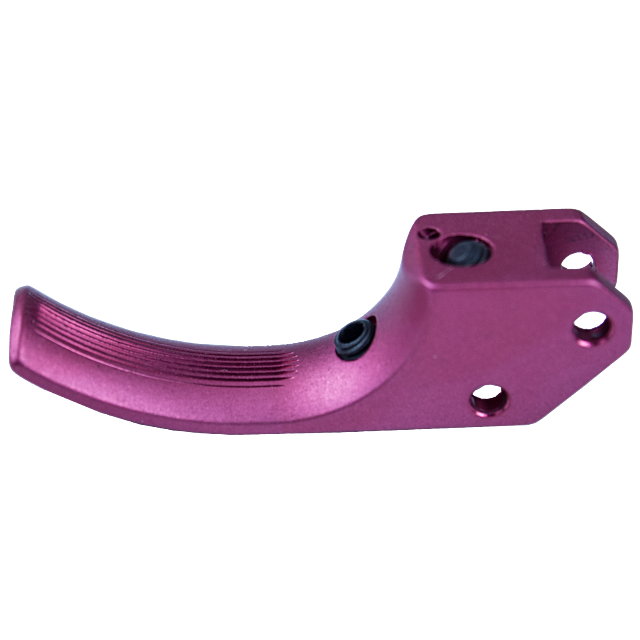 Introducing the TARGET CURVED SA TRIGGER CZUB PINK, a pink, curved metal lever designed with a textured grip and bolt holes, ideal for mechanical or industrial use.