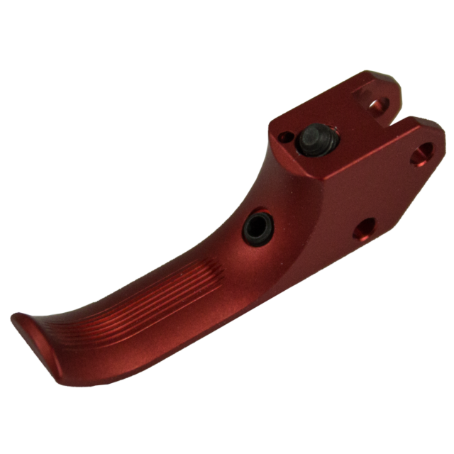 Introducing the STRAIT CURVED SA TRIGGER CZUB RED, a red metallic trigger designed by CZUB. It boasts a textured grip and multiple screw holes for easy installation on firearms or equipment. The trigger surface is finished in matte, complemented by a visi
