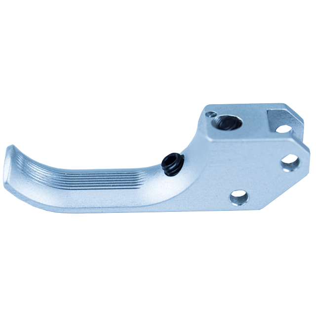 A close-up of a metallic, curved trigger with multiple holes and a textured surface. The precision-engineered STRAIT CURVED SA TRIGGER CZUB SILVER showcases a sleek silver finish and visible screws, indicating it is likely used in machinery or equipment.