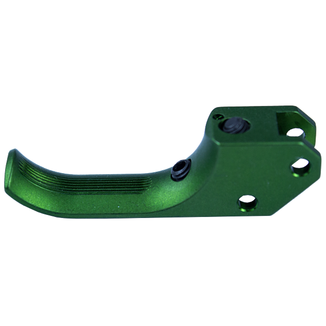 A STRAIT CURVED SA TRIGGER CZUB GREEN features a metallic lever with a ribbed handle, offering a smooth finish and equipped with screws and holes for easy attachment. The product is displayed against a white background.
