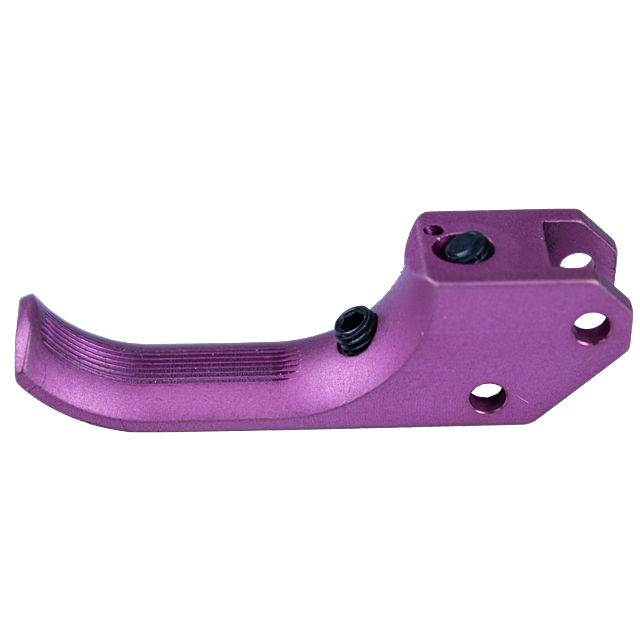 A close-up of the STRAIT CURVED SA TRIGGER CZUB PINK, featuring a metallic texture and multiple bolt holes. The pink trigger boasts a curved design and textured grip, and is displayed against a plain white background.