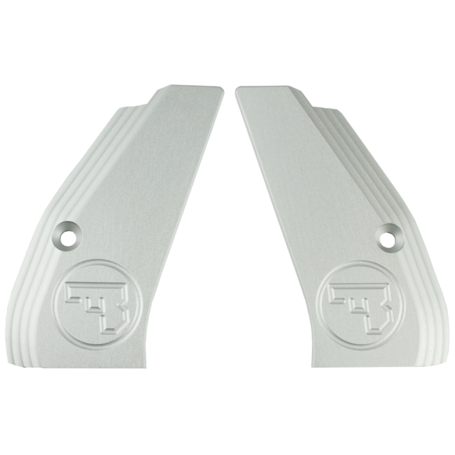 ALUMINUM GRIPS SMOOTH COMPACT GREY CZUB, designed for attachment, feature a compact and angled design with the embossed CZUB logo. These grips showcase a textured, ridged pattern on one side with small screw holes for mounting, all set against a plain whi