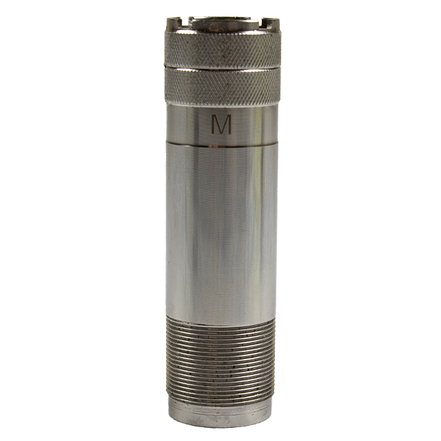 The product, known as the CHOKE TUBE ALL AMERICAN TRAP COMBO MOD SILVER, is a metallic cylindrical item that resembles a flashlight or tool component. It features textured grips and has a distinct "M" inscribed near the top. Its surface is smooth and refl