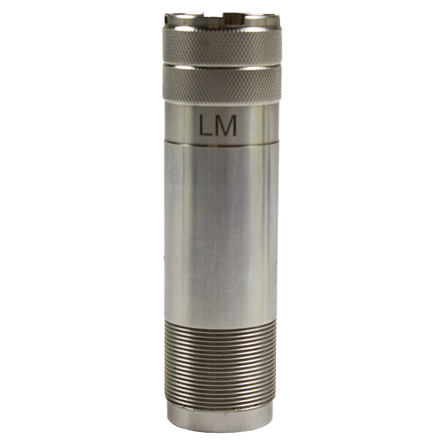 A silver cylindrical object with a smooth, brushed finish in the central section and textured grips at both ends features engraved letters "LM" near the top, ideal for a trap combo setup. This resembles the CHOKE TUBE ALL AMERICAN TRAP COMBO LM SILVER.