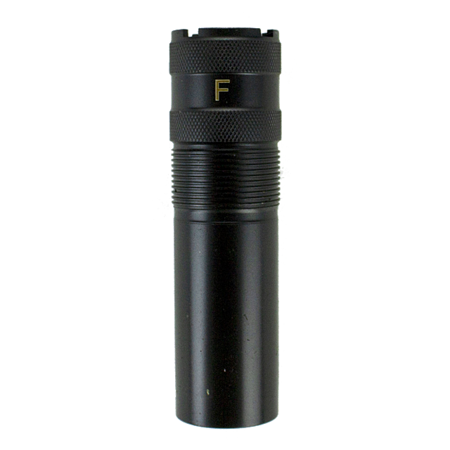A full black cylindrical flashlight with textured grips and a prominent "F" on the top ring stands upright against a white background, reminiscent of the sleek design of a CHOKE TUBE 612 REAPER SWAMP MAGNUM accessory.