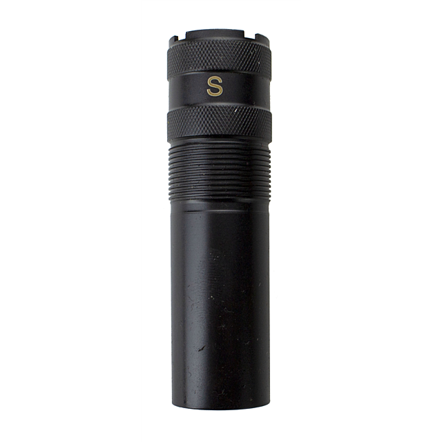 This CHOKE TUBE 612 REAPER SWAMP MAGNUM SKEET BLACK features a black cylindrical metal design, with a textured grip on the top half and a smooth finish on the bottom half, highlighted by an engraved letter "S" on the top section.