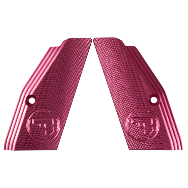 The product, ALUMINUM GRIPS FULL SIZE SHORT PINK CZUB, showcases two textured full-size aluminum grips displaying circular embossed pink CZUB logos and featuring small holes near one end. The mirrored grips are positioned vertically against a white backgr