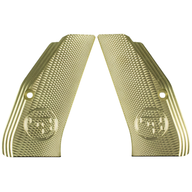 The BRASS GRIPS 97 CZUB are two gold-textured grips displaying a diamond pattern and featuring a circular logo near the bottom, reminiscent of classic brass grips. Angled towards each other to reveal their inner sides, each grip includes a small hole near