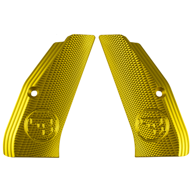 The product features two full-size gold panels made of textured aluminum with a checkered pattern. Each panel showcases a circular emblem with a lined design and includes a screw hole near the top edge, indicating they are grips for an object. The product