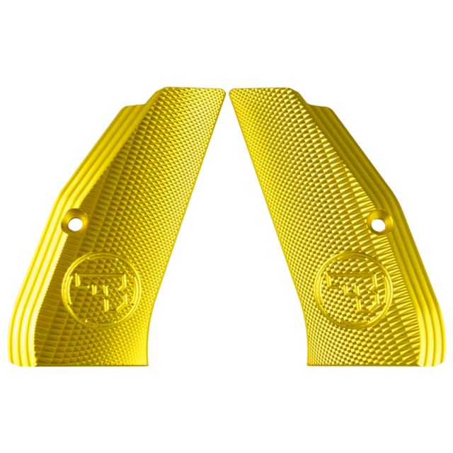 The product is a pair of full-size, golden-yellow aluminum grips with a symmetrical, textured design. Each grip features diamond-shaped surface patterns that create a reflective effect, along with circular logos positioned near the bottom and two small ho