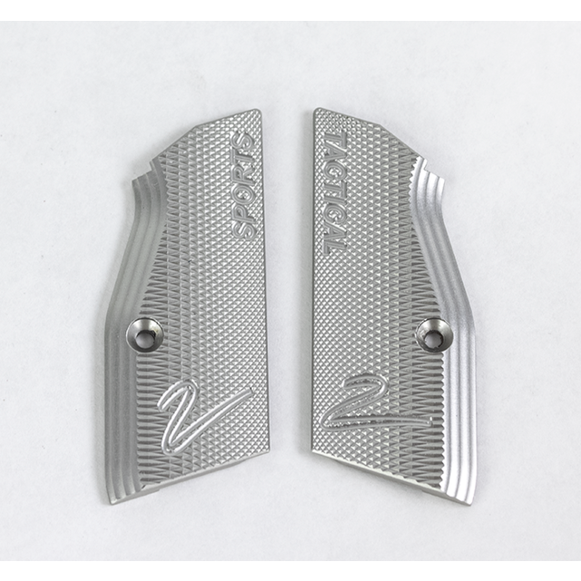 The ALUMINUM CZUB TS2 SILVER GRIPS consist of two silver metallic panels with a textured surface, engraved with "SPORTS" and "TACTICAL." Each panel includes a wavy line design and a screw hole for easy attachment.