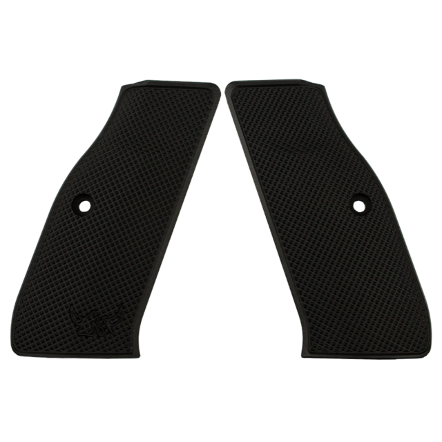 A pair of Henning's black aluminum full checkered grips, featuring a small bull logo in the bottom corner of each grip. These gun grips have a central attachment hole and are designed to be positioned symmetrically, facing each other.