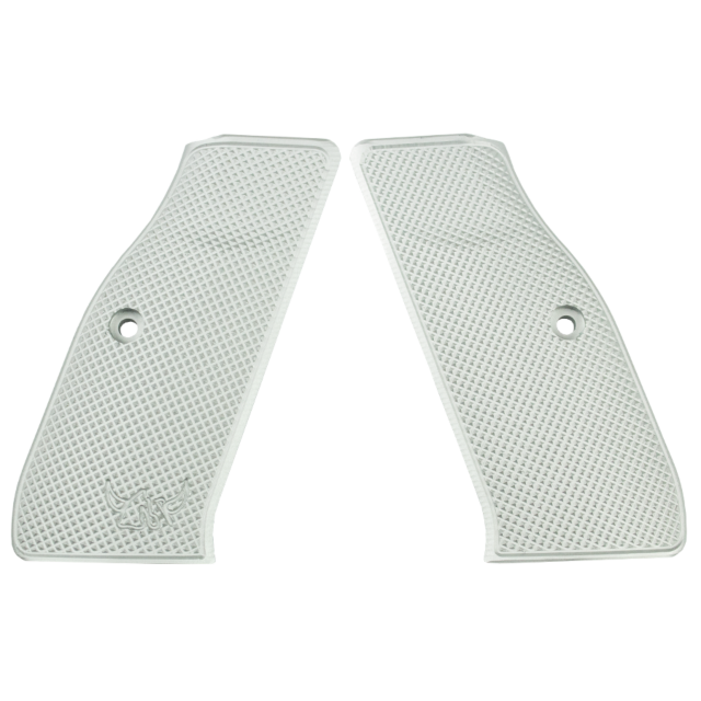 Displayed side by side are the Henning Silver Aluminum Grip Full Checkered, featuring a textured design that embodies Henning sophistication. Each grip includes an attachment hole and is subtly engraved with a bull logo in the lower corner.