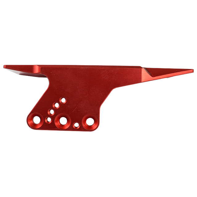The CZECHMATE SCOPE MOUNT RED is a red metallic bracket with multiple holes of varying sizes, designed for mechanical or structural support. It features a smooth finish and has angled and flat edges, making it ideal for use as a scope mount.