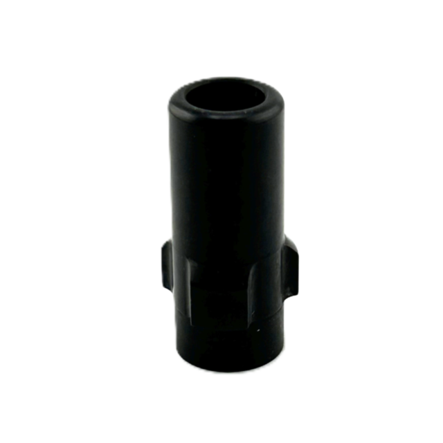 The 3 LUG 1/2x28 ADAPTER MUZZLE ADAPTER, a black cylindrical connector with side tabs, stands upright against a plain white background.