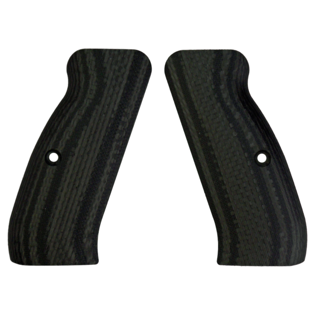 The VZ Grip Carbon Fiber Smooth Full Size set includes two black grip panels with carbon fiber texture, ideal for full-size models. Each panel features a wavy pattern with pre-drilled screw holes and is designed as mirror images of one another, showcased