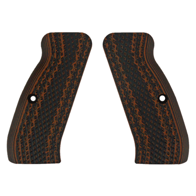 The VZ GRIP TIGER DIAMOND BACK FULL SIZE features two textured, dark brown G10 material gun grips with intricate diamond-shaped patterns and holes for screws. The grips are positioned parallel to each other with slanted edges, ideal for a full-size firear