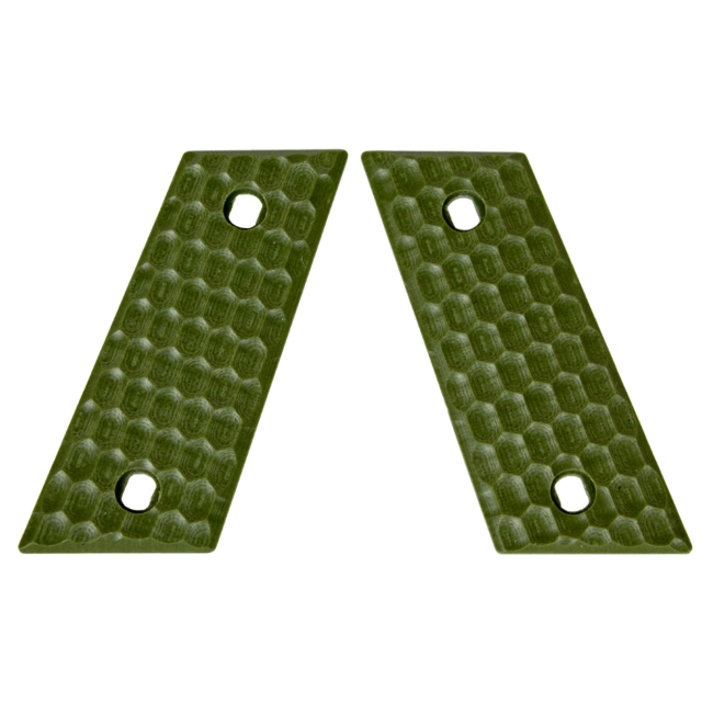 The CZ-USA RAMI GRIPS with a honeycomb pattern in solid green include two textured panels, each featuring a hole near one end. The panels are arranged in a "V" shape reminiscent of RAMI grips.