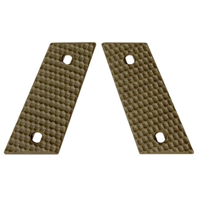 Two solid tan CZ-USA RAMI grips with textured oval panels, each having two holes for attachment, are positioned side by side against a white background. They showcase their robust design tailored for secure handling.