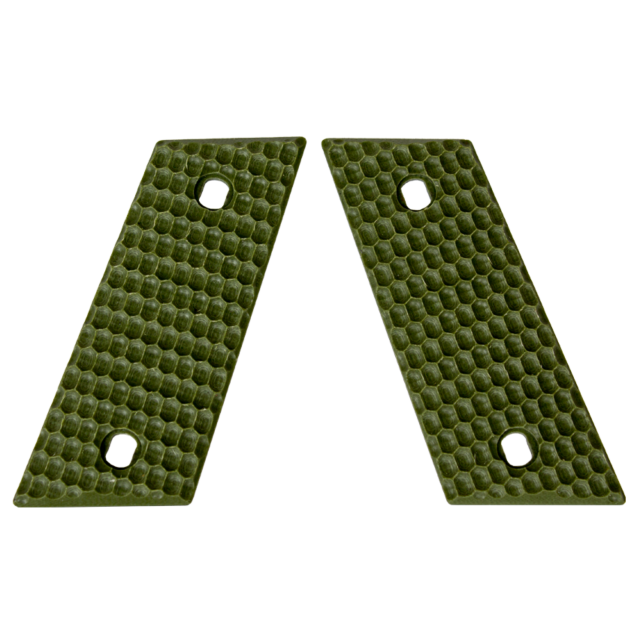 Two solid green RAMI grips from CZ-USA, designed with an elongated oval pattern, feature a honeycomb design. Each grip includes two attachment holes positioned diagonally opposite each other and are arranged parallel to one another.