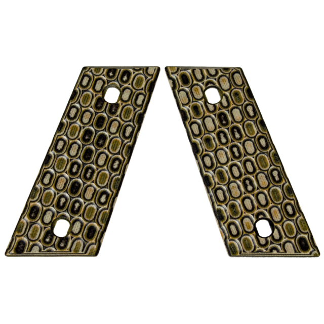 The CZ-USA RAMI GRIPS OVALS TAN/BLACK feature a pair of rectangular pieces with a reptile skin pattern in shades of tan, black, and cream. These grips have rounded edges with holes near the top corners and are angled to form an upside-down "V".