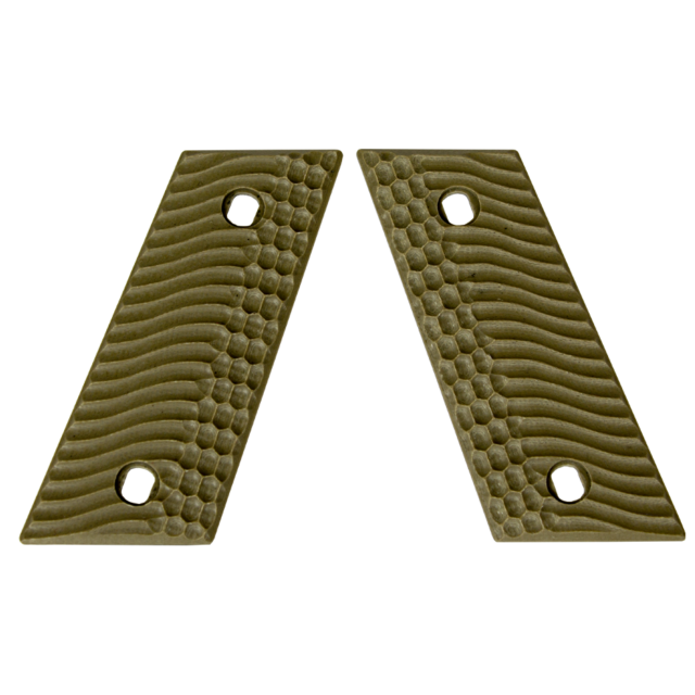 Two textured Glory Solid Tan CZ-USA RAMI grips with wavy and honeycomb patterns sit side by side, each featuring two screw holes for attachment.